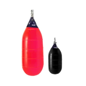 A red and black buoy are next to each other.
