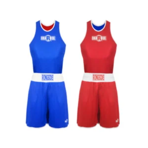 Two boxers are wearing blue and red uniforms.