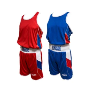 Two boxers are wearing red and blue uniforms.