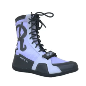 A pair of boots with laces and black trim.