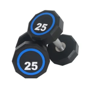 A group of two black and blue dumbbells.