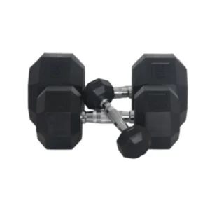 A pair of black dumbbells sitting on top of each other.