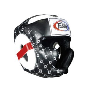 A close up of a boxing helmet on a white background