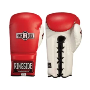 A red and white boxing glove with laces on it.