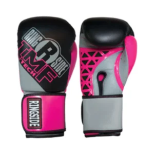 A pair of boxing gloves with pink and grey designs.