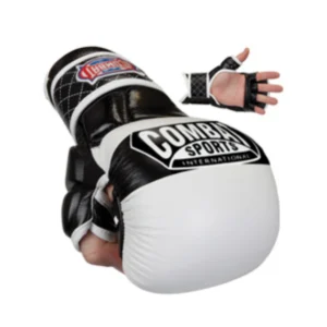 A black and white mma glove is shown with the gloves open.