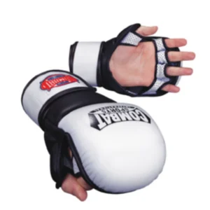 A pair of white and black boxing gloves.