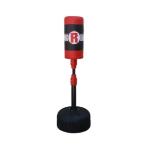 A red and black punching bag on top of a stand.