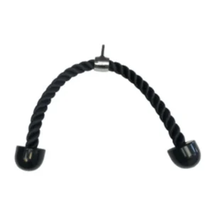 A black rope with two metal balls on top of it.