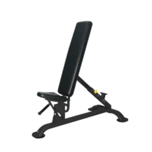 A black bench with a yellow handle on it.