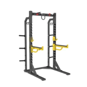 A squat rack with yellow handles and two bars.