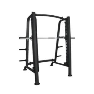 A black and silver squat rack with bars