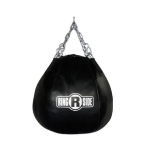 A black punching bag with chains hanging from it.