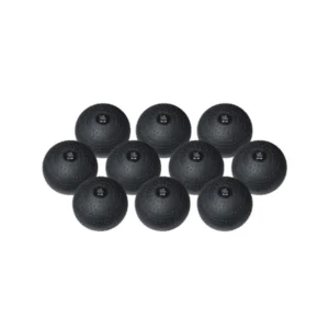 A group of ten black balls sitting on top of each other.