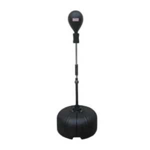 A black punching bag on top of a stand.
