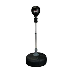 A black punching bag on top of a stand.