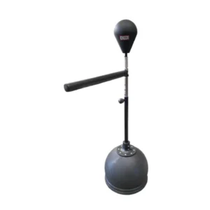A black punching bag sitting on top of a ball.