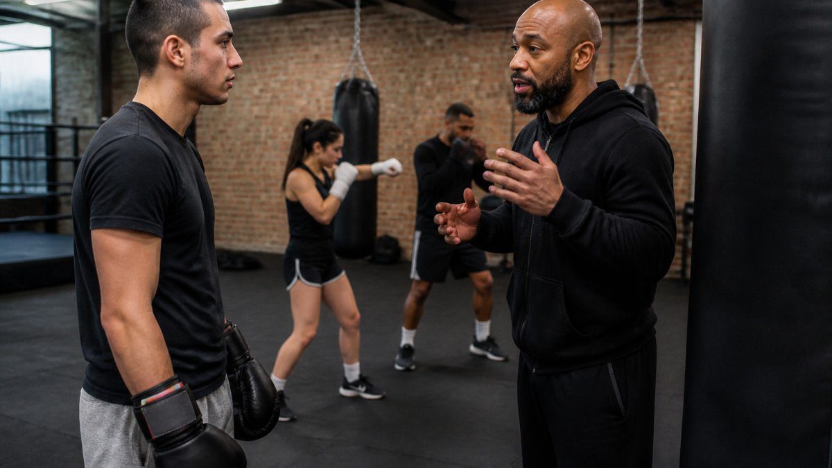 A beginner in boxing for beginners gear listens to a coach explain technique near a heavy bag in a gym