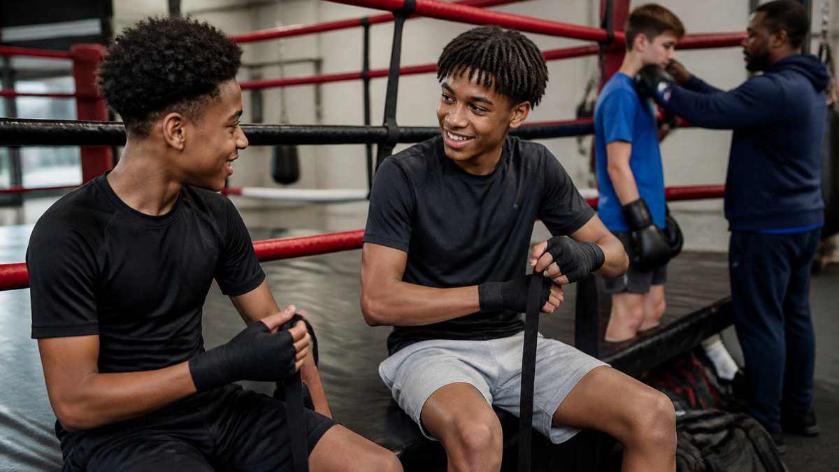 Teenagers in a boxing gym wrapping their hands and laughing together before a training session, coach guiding a nervous first-timer in the background